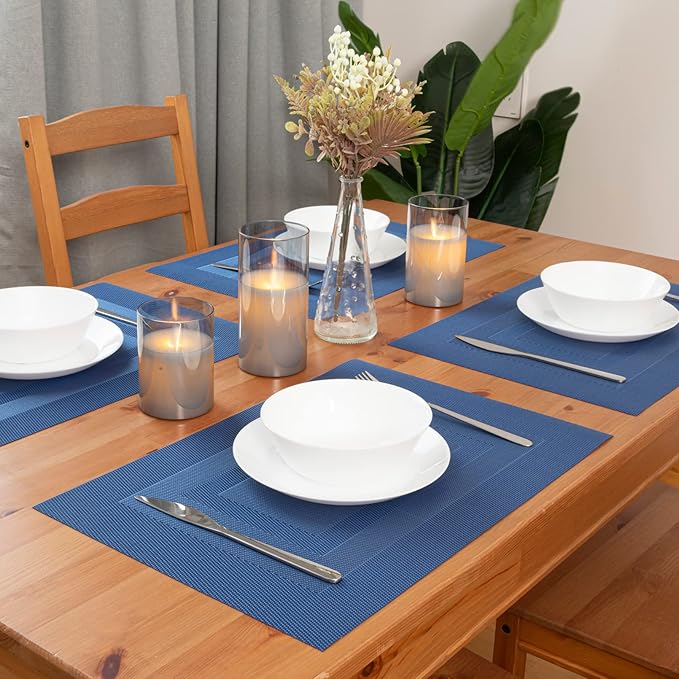 Winknowl Placemats, Set of 4 Heat Resistant Stain Resistant Woven Vinyl Insulation Place mats, Durable Washable Elegant Table Mats for Dining (Navy Blue)