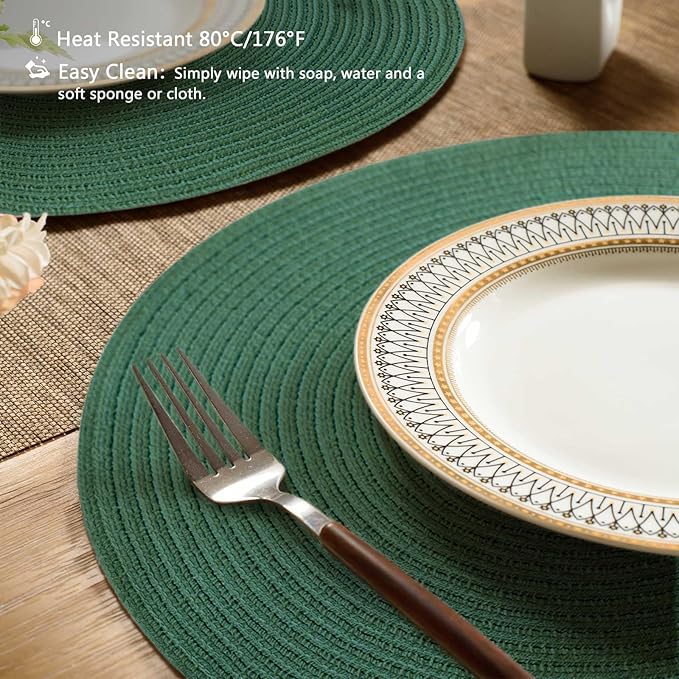 FunWheat Round Braided Placemats Set of 6 Place mats for Dining Tables Woven Heat Resistant Table Mats 15 inch (Dark Green)