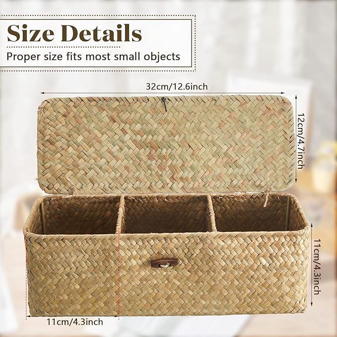 Cunhill 2 Pieces Seagrass Baskets with Lid Toilet Paper Basket with Lid Rectangular Hand Woven Wicker Bin Storage Box for Toilet Dresser Shelves Organizing(12.6 x 4.72 x 4.33 Inches,Natural Color)