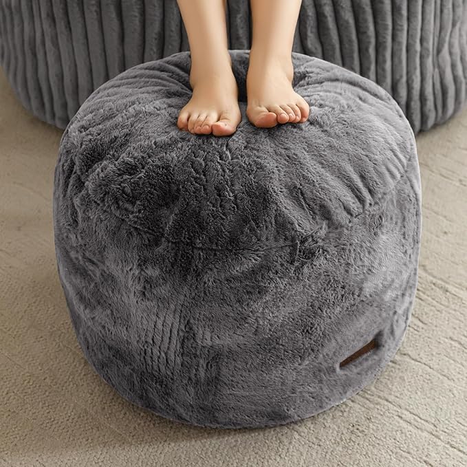 HIGOGOGO Pouf Stuffed Ottoman Round Modern Foam Filled Foot Rest Chair Decorative Poufs 20 x 15 Inches Fluffy Boho Comfy Stool for Living Room, Grey