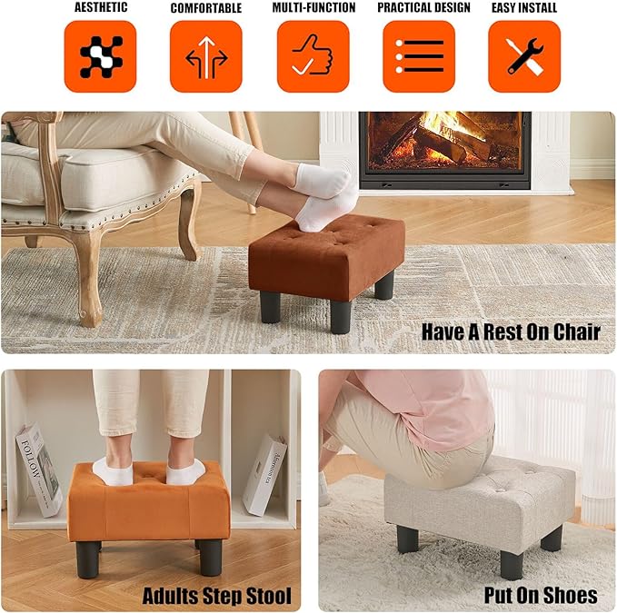 BRIAN & DANY Small Foot Stool, Velvet Foot Stools with Legs, Stable Small Footstool for Living Room, Brown