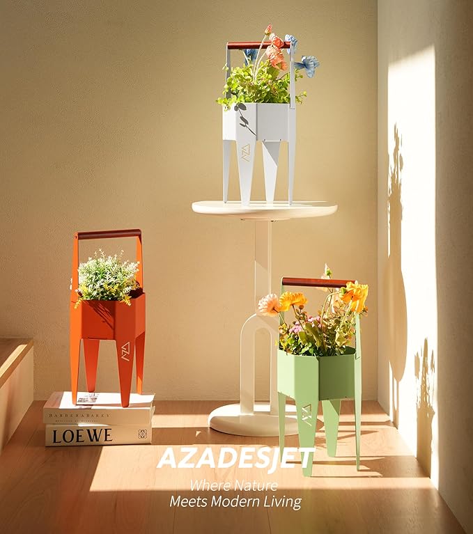 Planter with Stand, Metal 2 in 1 Portable Planter with Grow Bags & Handle, Stable Stylish Indoor Plant Pots with Stand, Modern Flower Pot Outdoor, 7.5'' x 17.3'', Orange, Plant Not Included