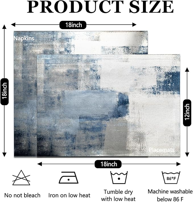 MCALK 4 Each Blue Placemats and Cloth Napkins Set of 8, Modern Abstract Art Painted Placemat for Home Kitchen Decor (Placemats 18 "x12 Cloth Napkins 18 "x18)