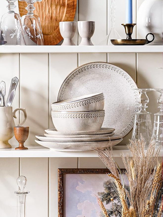 LE TAUCI Dinnerware Sets for 4, Stoneware 12 Piece Ceramic Plates & Bowls | Oven/Dishwasher/Microwave Safe | Ideal for Housewarming | Reactive Beige (10" Plate+8" Dish+27oz Bowl)