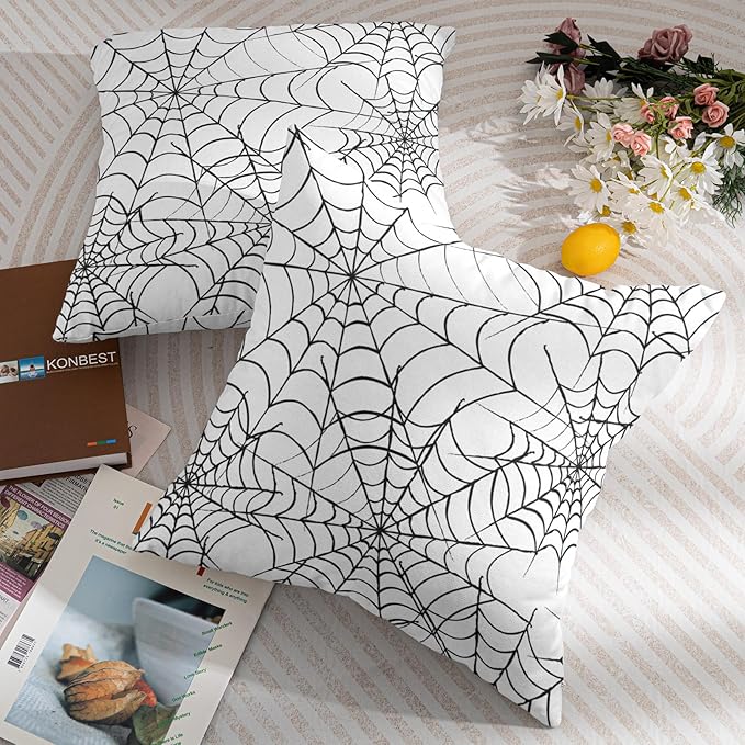 Halloween Spiderweb Pillow Covers 22x22 Set of 2 White Black Web Outdoor Decorative Throw Pillows Halloween Scary Themed Farmhouse Pillowcases Linen Cushion Case Decor for Home Sofa Couch Bed