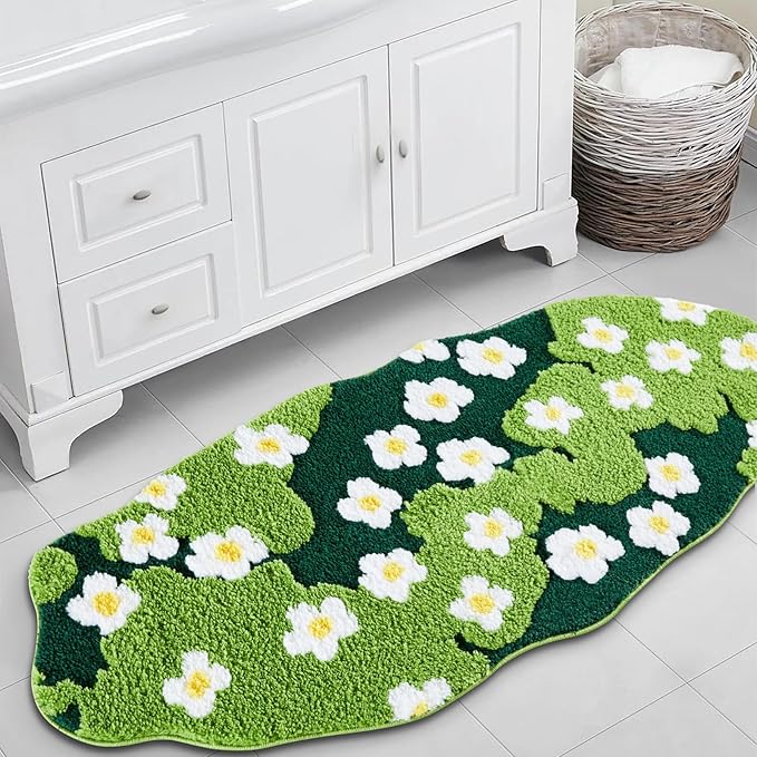 Cute Green Floral Bathroom Runner Rugs Extra Long Bath Mat 24''W x 60''L Non Slip Washable, Modern Chic Boho Aesthetic Trendy Funky Moss Throw Runner Rugs for Kitchen Bedroom Entryway