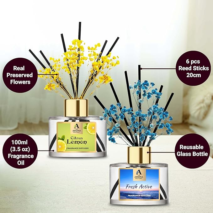 The Aroma Factory Fragrance Reed Diffuser Set with Natural Essential Oil, Aroma Sticks & Real Preserved Flowers | Luxury Home Decor Scent (Citrus Lemon & Fresh Active, 2 Pack)