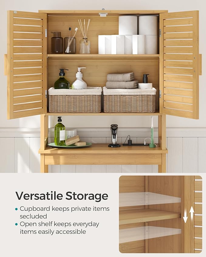 SONGMICS Over The Toilet Storage Cabinet with Charging Station, Bathroom Cabinet with Adjustable Inside Shelf and Bottom Stabilizer Bar, Space-Saving Toilet Rack, Natural Beige UBTS015N01