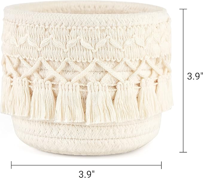 Mkono 4 Pcs/Set Macrame Hanging Shelves Boho Wall Decor and Makeup Brush Holder Organizer Mini Storage Baskets