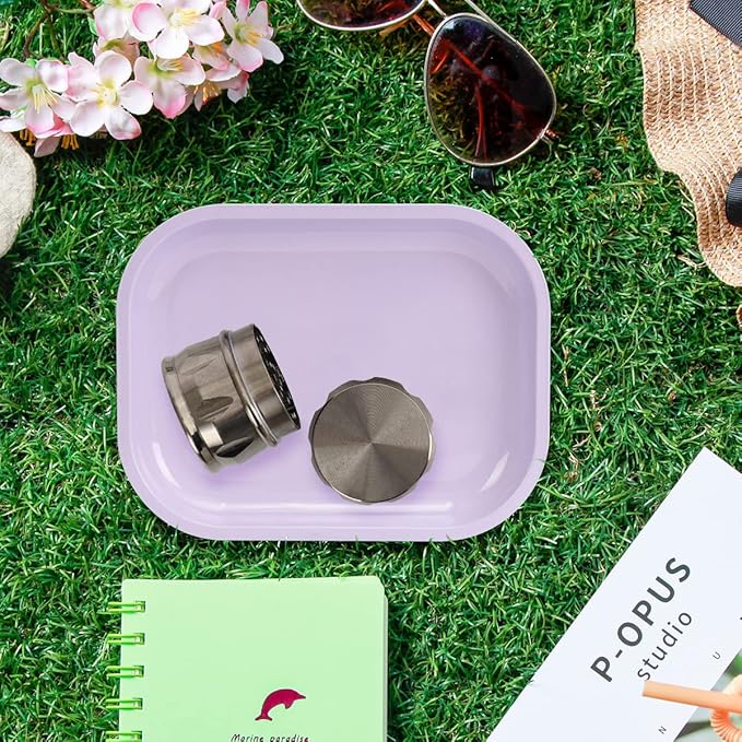 HOKirin Metal Tray With Soft Magnetic Lid, Small Blank With Spill Proof Cover, Cute Purple, Perfect for Home and On-The-Go, 7" x 5.5" x 0.6"