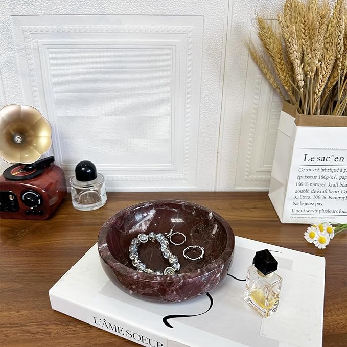 Small PurpleRed Decorative Marble Bowl, 5.9 inches,Natural Stone Round Bowl for Home Decor, Fruit, Nuts, Jewelry Tray,Coffee Tables Centerpiece, Soap Serving (PurpleRed-Small)
