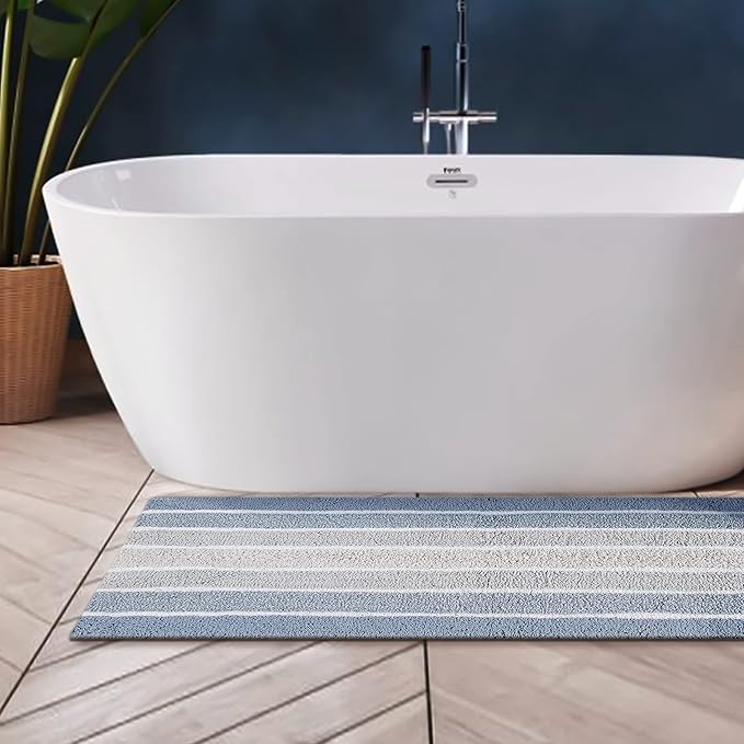 Bathroom Rugs Runner Bath Rug Blue 24x60 Inches Alpine Stripe Non-Slip Cotton Large Bath Mats for Bathroom Floor |Quick Dry Bathroom Mat for Tub Spa Shower|Living Room Entry Way Door Mats