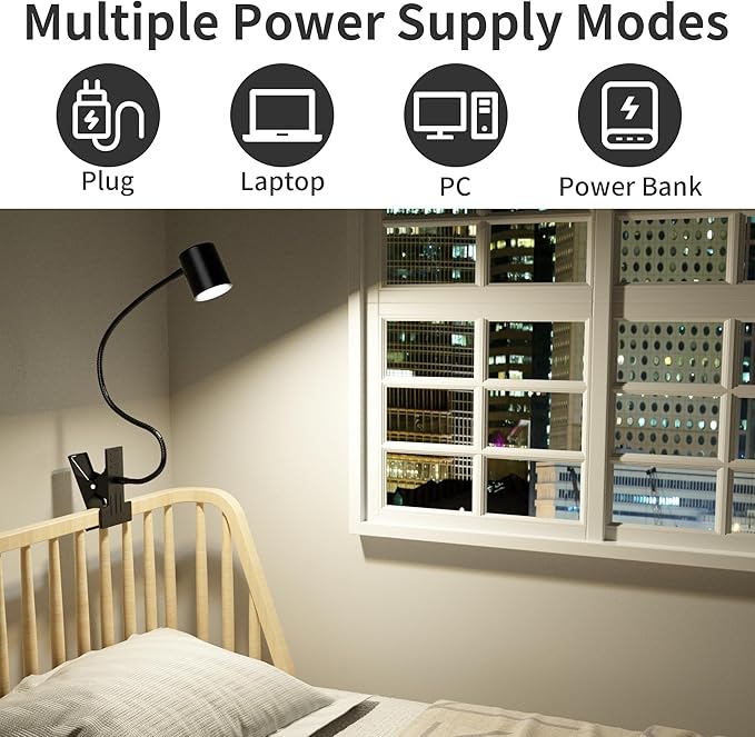 Dott Arts Desk Lamp,USB Clip On Light,3 Color Modes,10 Brightness Levels,360° Gooseneck LED Reading Light,Eye-Care for Home Office,Headboards, Black
