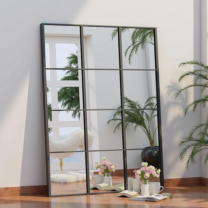 Rectangle Window Mirror Wall Mounted, 31"x47"in Window Pane Mirror Wall Decor Metal Framed, Large Black Mirrors for Bedroom Living Room Fireplace Entryway Hanging or Leaning Against Wall,Black