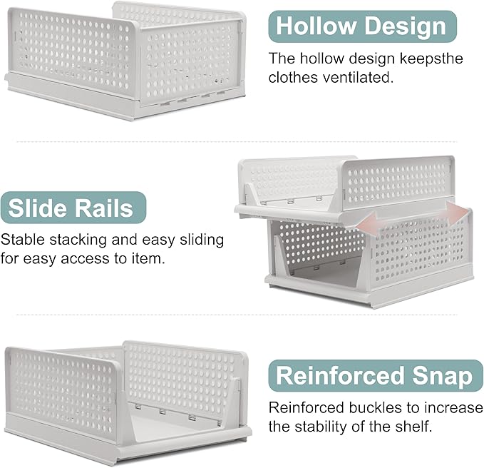 Stackable Foldable Storage Baskets, Folding Storage Bins, Closet Organizers and Plastic Drawer Shelf Storage Container for Wardrobe, Cupboard, Kitchen, Bathroom, Office (White, 4L)