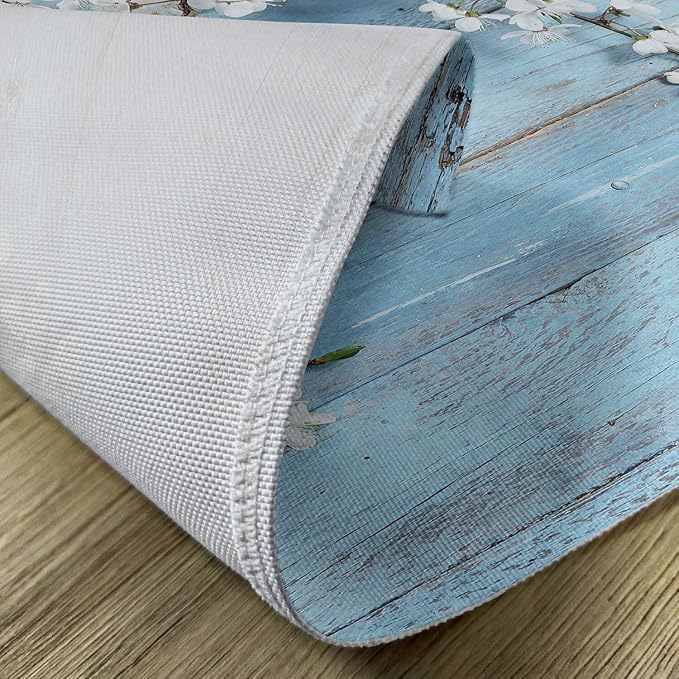 Ambesonne Rustic Place Mats Set of 4, Branch Blooming Warm Season Flowers on Wooden Fragility of Spring, Washable Fabric Placemats for Dining Table, Standard Size, Blue