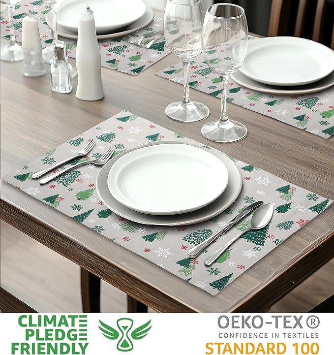 Urban Villa Christmas Placemats Green Tree 100% Cotton Fused Tablemats for Dining 14''x20'' Over Sized Set of 6 Placemats for Christmas Celebrations Wedding Parties Every Day Use Heavier Quality