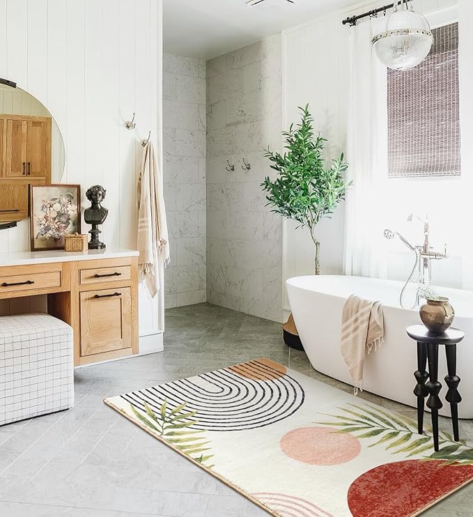 RoomTalks Boho Cute Bathroom Rugs Bath Mat Non Slip Washable, Modern Abstract Geometric Shape with Tropical Leaves 2x3 Small Area Rug for Bedroom Kitchen, Neutral Contemporary Retro Indoor Entry Rug
