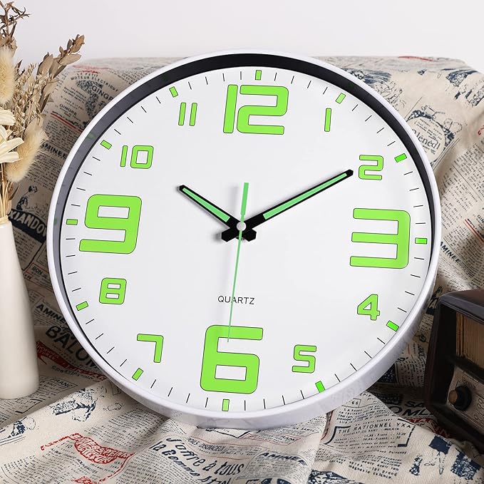 JoFomp Modern Night Light Wall Clock, 12 inch Silent Non-Ticking Clock with Glow in The Dark Function, Battery Operate Lighted Wall Clock for Living Room Kitchen Bedroom Decor (White)