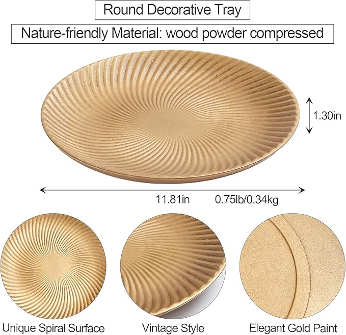 DN DECONAITON Brass Gold Decorative Tray for Coffee Table,12” Round Wood Tray for Home Decor, Spiral Design Vintage Vanity Trays Farmhouse Table Centerpiece, Living Room, Bedroom, Bathroom