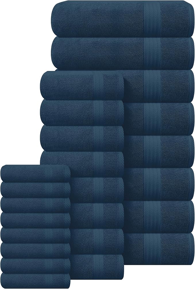 GLAMBURG Ultra Soft 24-Piece Towel Set - 100% Pure Ringspun Cotton, Contains 8 Oversized Bath Towels 27x54, 8 Hand Towels 16x28, 8 Wash Cloths 13x13- Ideal for Everyday use, Hotel & Spa- Mineral Blue