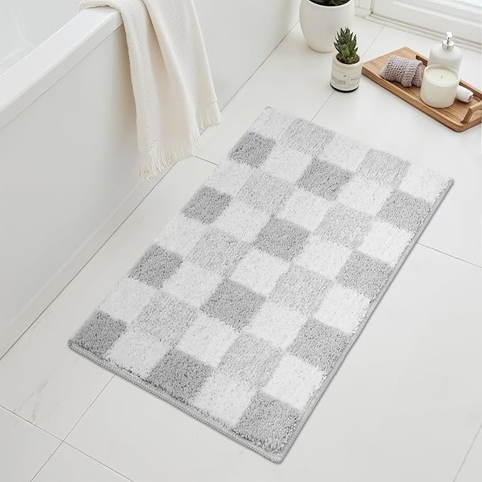 GRANNY SAYS Checkered Grey Bathroom Rugs, 32" x 20", Non-Slip Bath Mats for Bathroom, Plush Shag Absorbent Microfiber Ultra Soft Bath Mat, Cute Washable Rug for Tub, Shower, Bedroom