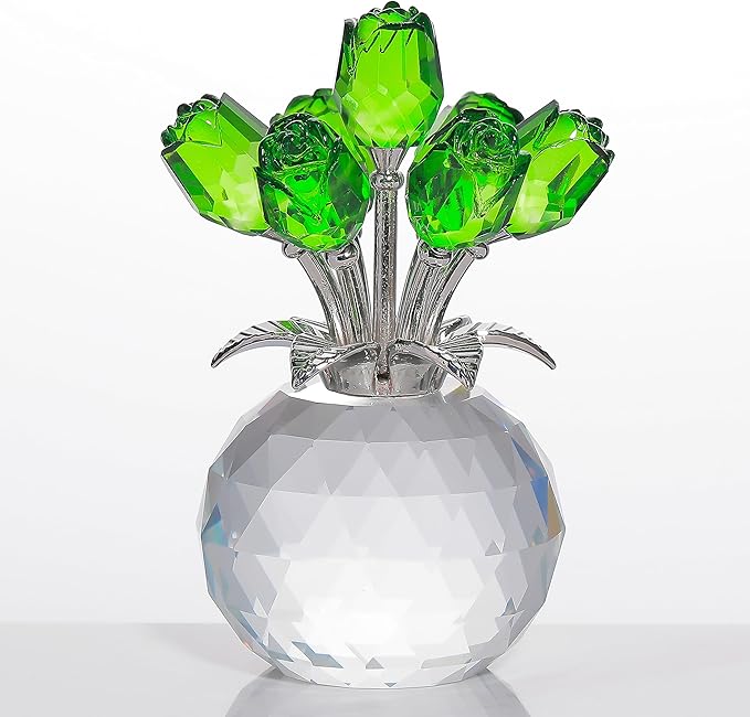 Green Rose Flower Crystal Figurine with Vase, Bouquet Flowers Ornament Gifts for Wife Girlfriend Women , Handmade Crystal Flower Collectible Home Table Decor for Valentine's Day Wedding Anniversary