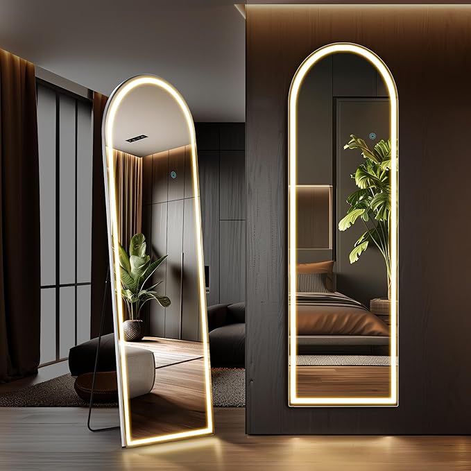 Sweetcrispy Full Length Mirror with LED Lights, 60"x16" Lighted Floor Mirror with Dimming & 3 Color Lighting, Stand for Bedroom, Dressing Room, Arched
