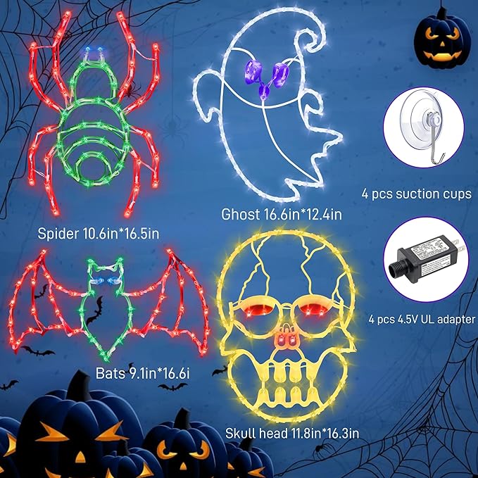 Halloween Window Lights - 16" Halloween Window Silhouette Holiday Displays - 4 Pack Colour Lighted Bats & Ghost & Spider & Skull Head for Holiday Indoor and Outdoor Wall Door Window Decorate