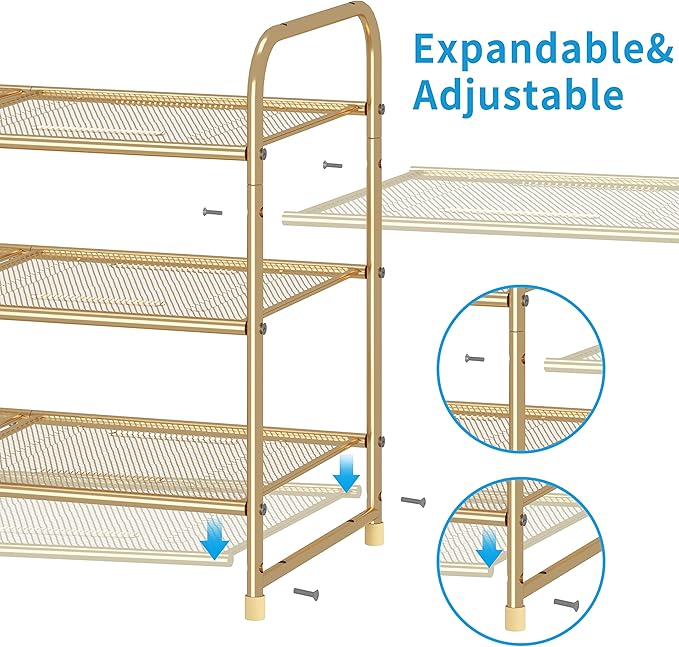 Simple Trending 3-Tier Stackable Shoe Rack, Expandable & Adjustable Shoe Shelf Storage Organizer, Metal Mesh, Gold