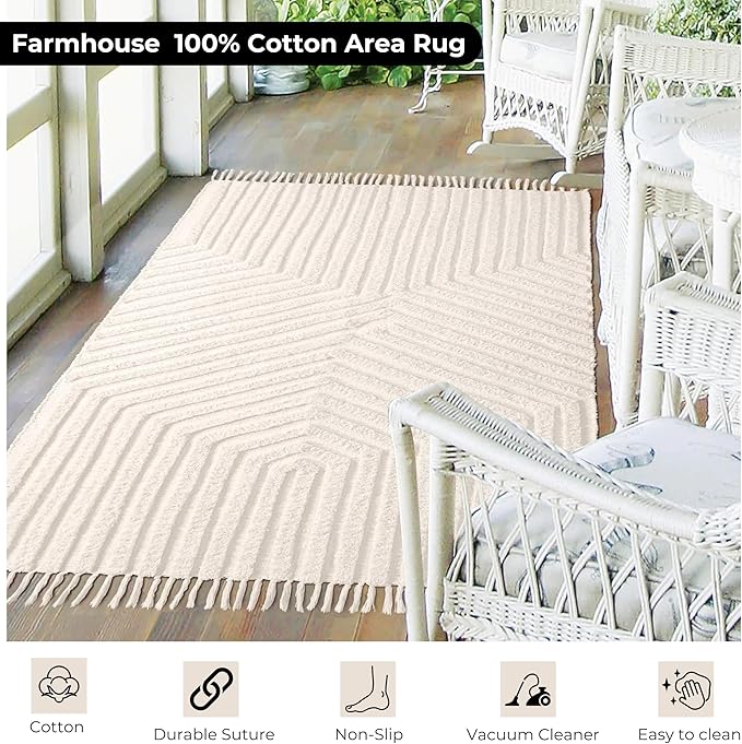 Boho Rugs for Living Room 4x6, Farmhouse Cotton Area Rug for Bedroom, Washable Tufted Indoor Floor Carpet for Kitchen Dorm Office Dining Room Office Home Decor,Light Linen