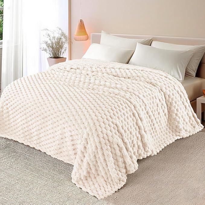 Whale Flotilla King Size Blanket for Bed with Jacquard Pattern, Fuzzy Soft Cozy Exquisite Blankets for All Season, Warm and Fluffy, 90x104 Inch, Ivory