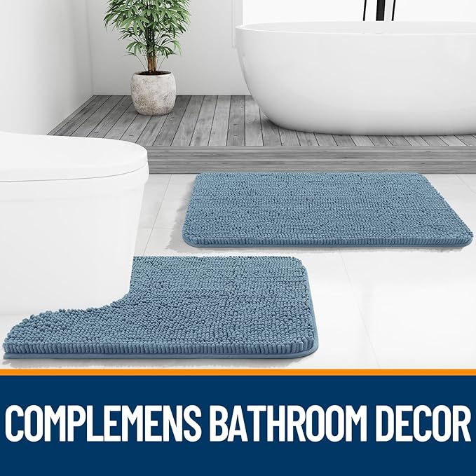 OLANLY Bathroom Rugs 30x20, Extra Soft Absorbent Chenille Bath Rugs, Rubber Backing Quick Dry, Machine Washable Bath Mats for Bathroom Floor, Tub and Shower, Home Decor Accessories, Airy Blue