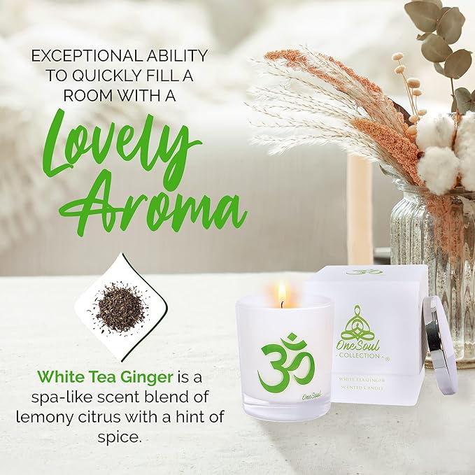 White Tea Ginger Aromatherapy Scented Candles, Luxury Spicy Lemony Citrus Yoga Candles for Home Scented with Om Design, Hand-Poured Soy Candles, 50 Hours Burning Time, 7.6 oz. - OneSoul Collection