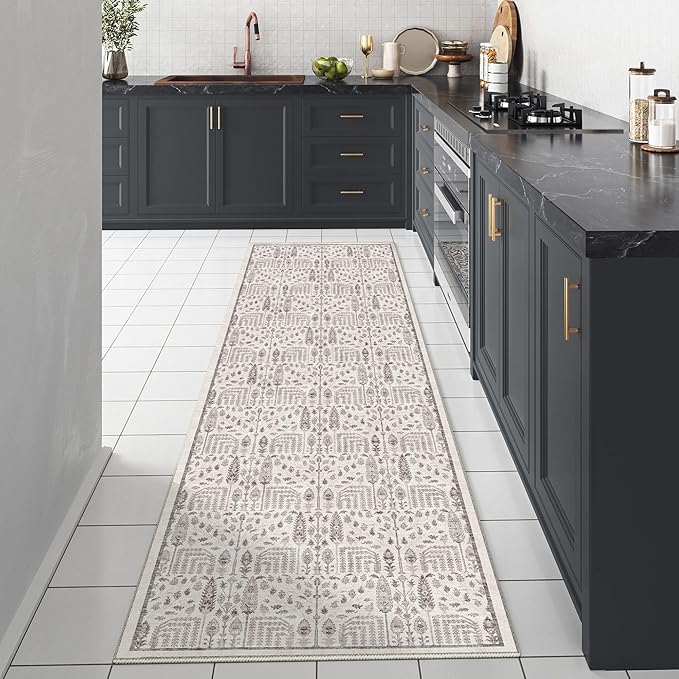 Hallway Runner Rug 2x6 Washable Grey Kitchen Carpet Non Slip Boho Thin Floral Farmhouse Throw Accent Long Rug for Laundry Bathroom Office Bedroom
