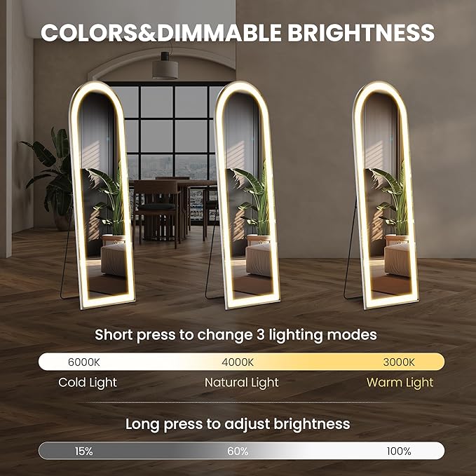Arched Full Length Mirror with LED Lights, 60"x16" LED Floor Mirror with Stand, Body Floor Mirrors with Dimming & 3 Color Lighting, Wall Mounted LED Mirrors for Bedroom, Dressing Room, Cloakroom