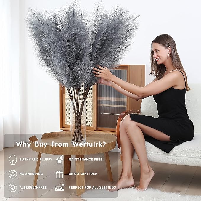 8 Pcs 45 inch Tall Faux Pampas Grass Decor, Large Artificial Grey Pompous Grass Bulk, Long Fake Pompas for Floor Vase Filler, Wedding, Baby Shower, Home and Boho Decor (Grey)