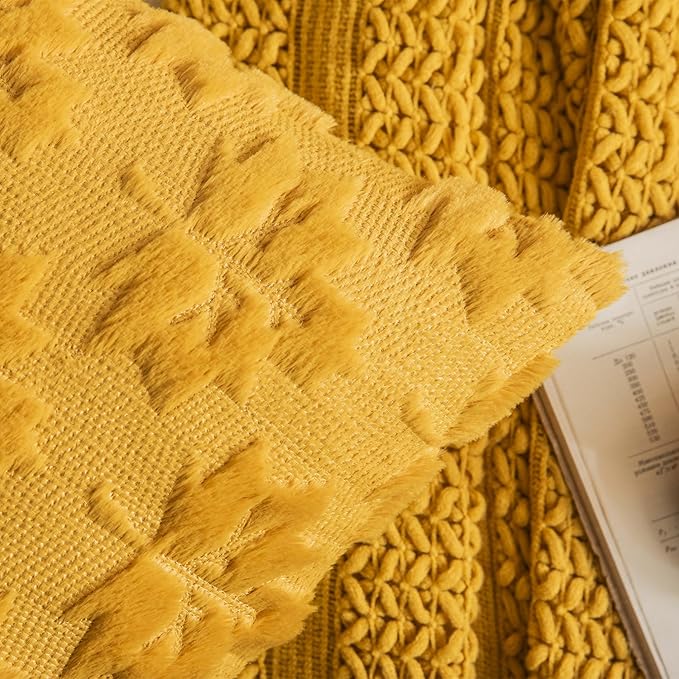 Maple Leaf Fall Throw Pillow Covers 20"x20" Set of 2, Mustard Yellow Farmhouse Decorative Pillow Covers for Autumn Harvest Holiday Accent Pillowcases, Faux Fur Pillow Cover for Couch Bed Room