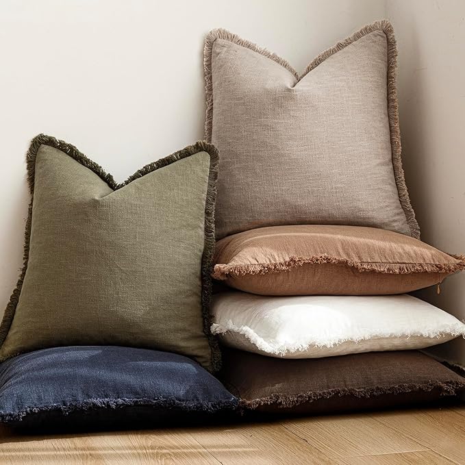 Foindtower Set of 2 Decorative Linen Fringe Lumbar Throw Pillow Covers Farmhouse Cushion Cover with Tassels Accent Pillowcase for Couch Sofa Bed Living Room Home Decor,12×24 Inch,Natural Linen
