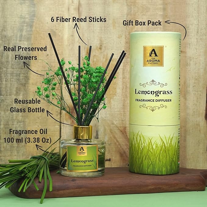 The Aroma Factory Fragrance Reed Diffuser Set with Natural Essential Oil, Aroma Sticks & Real Preserved Flowers | Luxury Home Decor Scent (Lemongrass, 1 Pack)