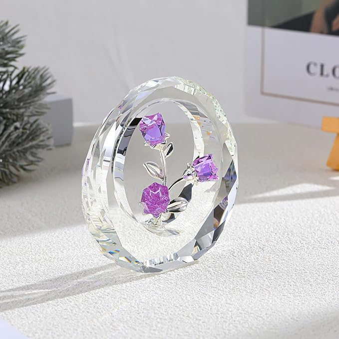 Crystal Purple Rose Bouquet Figurines Glass Flowers with Stems Valentines Anniversary Rose Gifts for Girlfriend Wife, Purple Crystal Rose in Glass Ring Collectible Figurines Forever Roses Decor