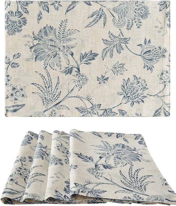 JINCHAN Linen Floral Fall Placemats Set of 4 Cloth Table Mats Rustic Cottagecore Jacobean Outdoor Seasonal for Kitchen Dining Table Decor Non-Slip Washable Tablemats 13x19 Inch Blue