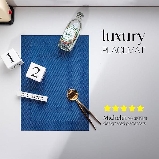 LEXMORE Placemats Set of 8 Vinyl/Plastic Woven Place Mats for Kitchen Table Indoor/Outdoor Washable Placemat Wipeable Dining Table Mats(Navy Cube)