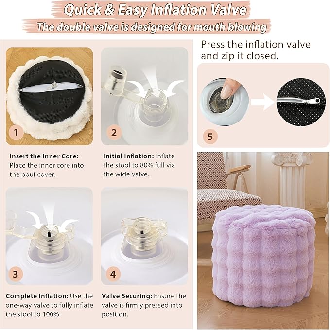 LIFEREVO Faux Rabbit Fur Round Inflatable Pouf Ottoman, 20 X 16 Plush Waffle Bubble Floor Poufs Foot Rest Living Room Bedroom, Light Purple Furry Pouf Foot Stool for Girls Adults, Anti-Slip, Lavender
