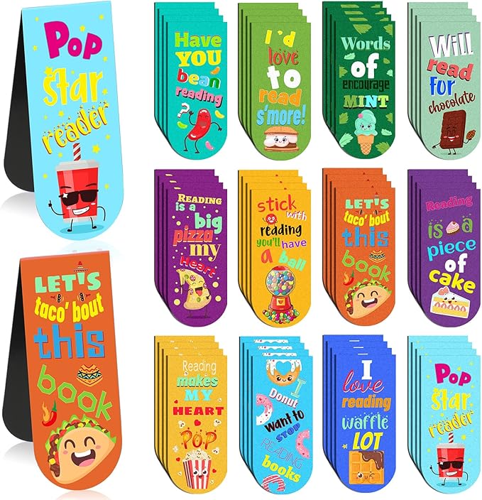 48 Pack Scented Bookmarks Magnetic Scratch and Sniff Fruit Food Bookmarks for Kids Cute Page Markers with Sayings for Kids Students Teens Teachers(Food Flavor)
