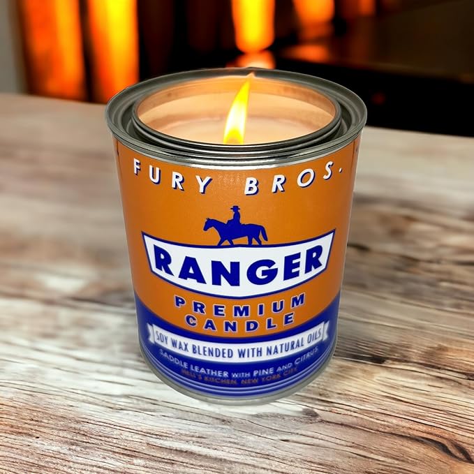 Scented Candles for Men | Ranger | Saddle Leather Pine Citrus | Natural Soy Wax | Hand-Poured in The USA | Long 70-80 Hour Burn (12.5 oz) | Vintage-Inspired Tin Design | Dad Home Gift