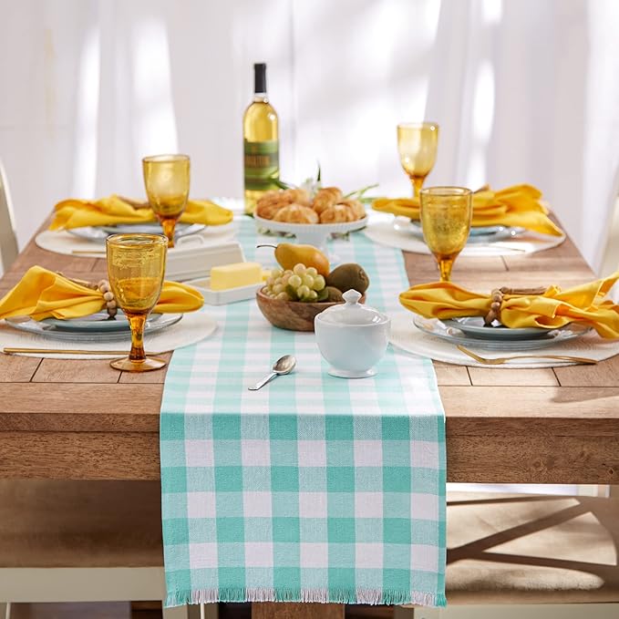 DII Heavyweight Fringed Check Tabletop Collection, Table Runner, 14x72, Aqua