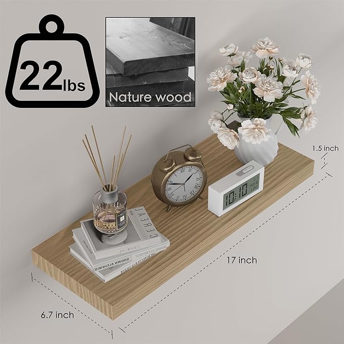 Floating Shelves for Wall - 17 Inch Natural Wood Shelves for Bathroom, Bedroom, Kitchen Decor, Farmhouse Decor Set of 2