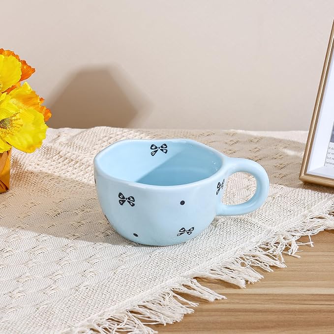 Koythin Ceramic Coffee Mug, Handmade Hot Chocolate Mugs, Cute Cup for Girl Women, Aesthetic Tea Milk Cup with Handle, 8.5 oz/250 ml for Latte, Cocoa, Office, Home (Blue Small Bow)
