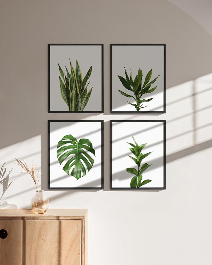 HAUS AND HUES Plant Wall Art - Set of 4 Plant Pictures and Green Wall Art Collection, Botanical Prints, Sage Green Leaves Paintings For Wall, Minimalist Poster (Black Frame, 8x10)